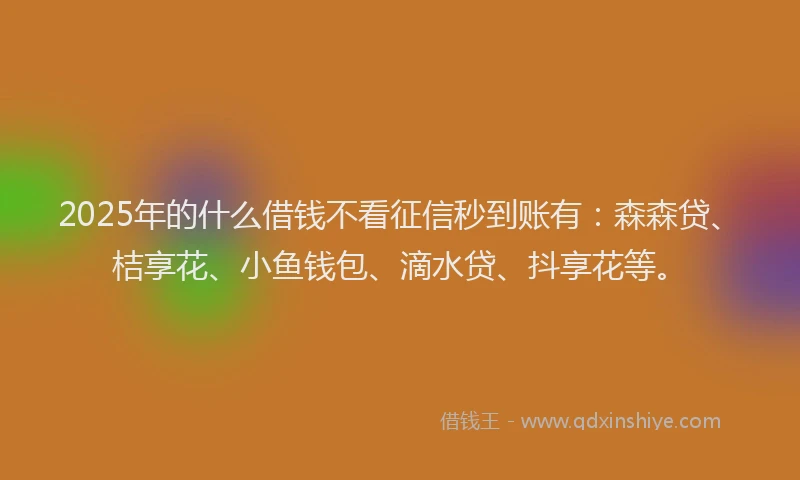 2025年的什么借钱不看征信秒到账有：森森贷、桔享花、小鱼钱包、滴水贷、抖享花等。