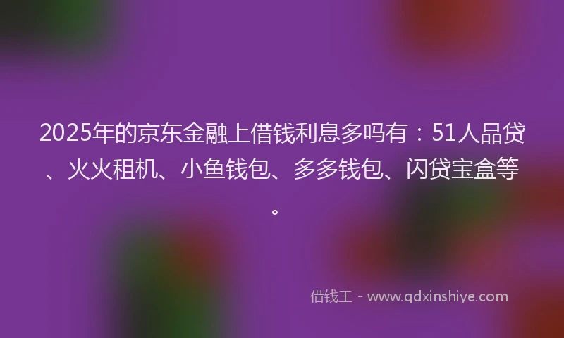 2025年的京东金融上借钱利息多吗有：51人品贷、火火租机、小鱼钱包、多多钱包、闪贷宝盒等。