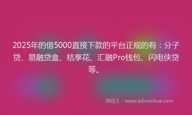 2025年的借5000直接下款的平台正规的有：分子贷、易融贷盒、桔享花、汇融Pro钱包、闪电侠贷等。