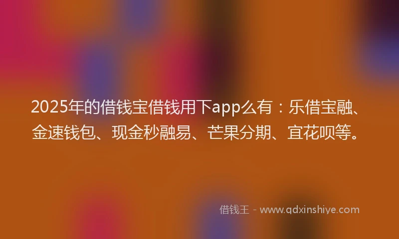 2025年的借钱宝借钱用下app么有：乐借宝融、金速钱包、现金秒融易、芒果分期、宜花呗等。