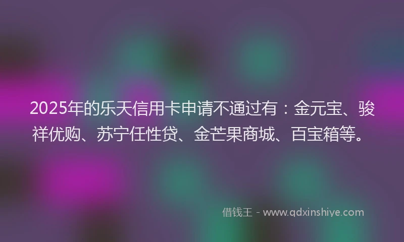 2025年的乐天信用卡申请不通过有：金元宝、骏祥优购、苏宁任性贷、金芒果商城、百宝箱等。