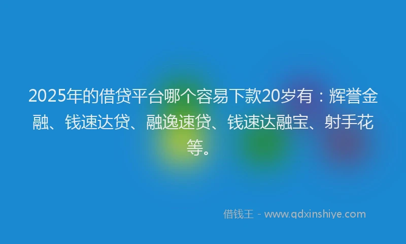 2025年的借贷平台哪个容易下款20岁有：辉誉金融、钱速达贷、融逸速贷、钱速达融宝、射手花等。