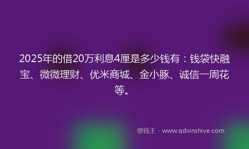 2025年的借20万利息4厘是多少钱有：钱袋快融宝、微微理财、优米商城、金小豚、诚信一周花等。