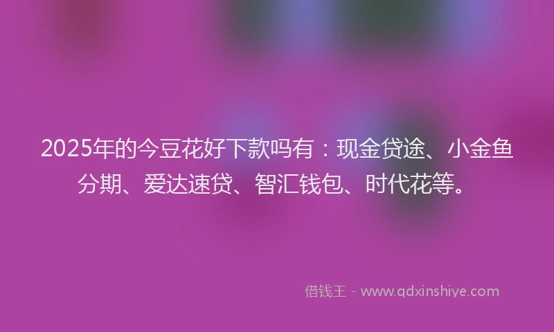 2025年的今豆花好下款吗有：现金贷途、小金鱼分期、爱达速贷、智汇钱包、时代花等。