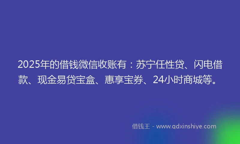 2025年的借钱微信收账有：苏宁任性贷、闪电借款、现金易贷宝盒、惠享宝券、24小时商城等。