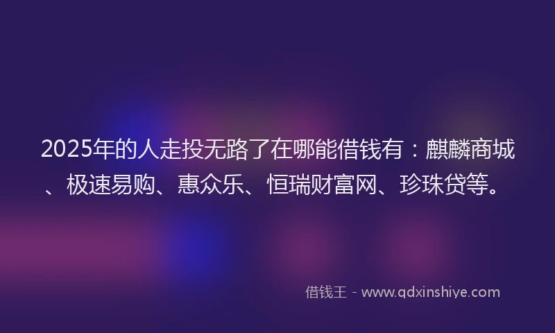 2025年的人走投无路了在哪能借钱有：麒麟商城、极速易购、惠众乐、恒瑞财富网、珍珠贷等。