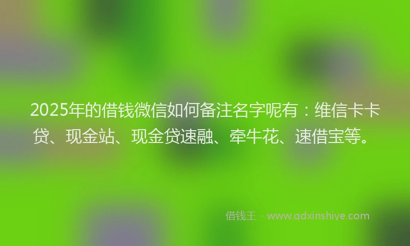 2025年的借钱微信如何备注名字呢有：维信卡卡贷、现金站、现金贷速融、牵牛花、速借宝等。