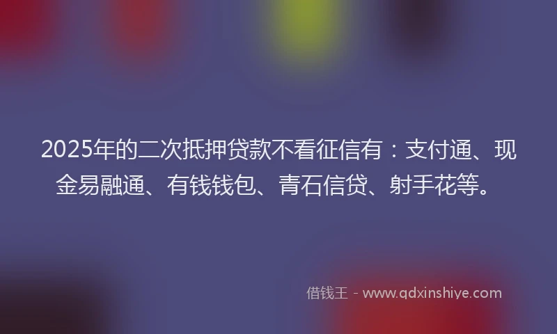2025年的二次抵押贷款不看征信有：支付通、现金易融通、有钱钱包、青石信贷、射手花等。
