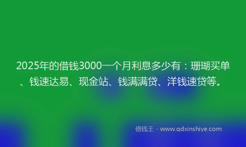 2025年的借钱3000一个月利息多少有:珊瑚买单、钱速达易、现金站、钱满满贷、洋钱速贷等。