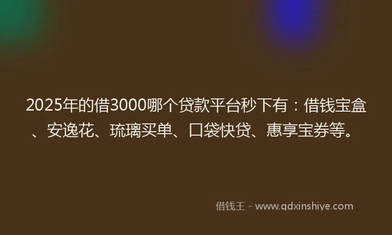 2025年的借3000哪个贷款平台秒下有：借钱宝盒、安逸花、琉璃买单、口袋快贷、惠享宝券等。