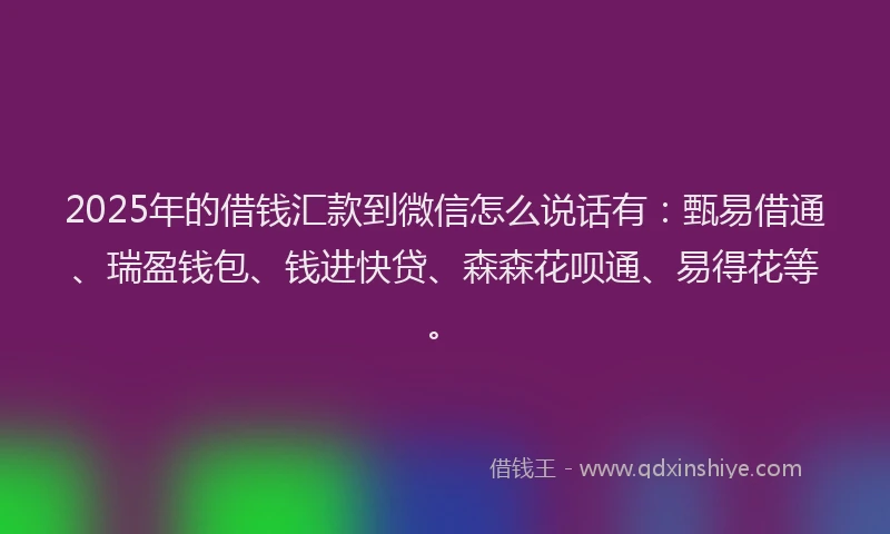 2025年的借钱汇款到微信怎么说话有：甄易借通、瑞盈钱包、钱进快贷、森森花呗通、易得花等。