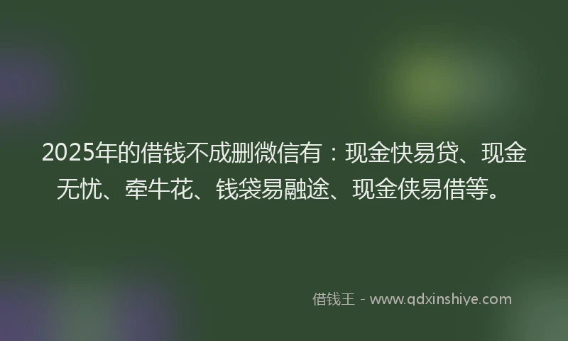 2025年的借钱不成删微信有：现金快易贷、现金无忧、牵牛花、钱袋易融途、现金侠易借等。