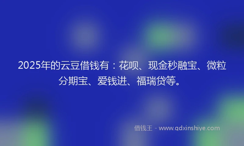 2025年的云豆借钱有：花呗、现金秒融宝、微粒分期宝、爱钱进、福瑞贷等。