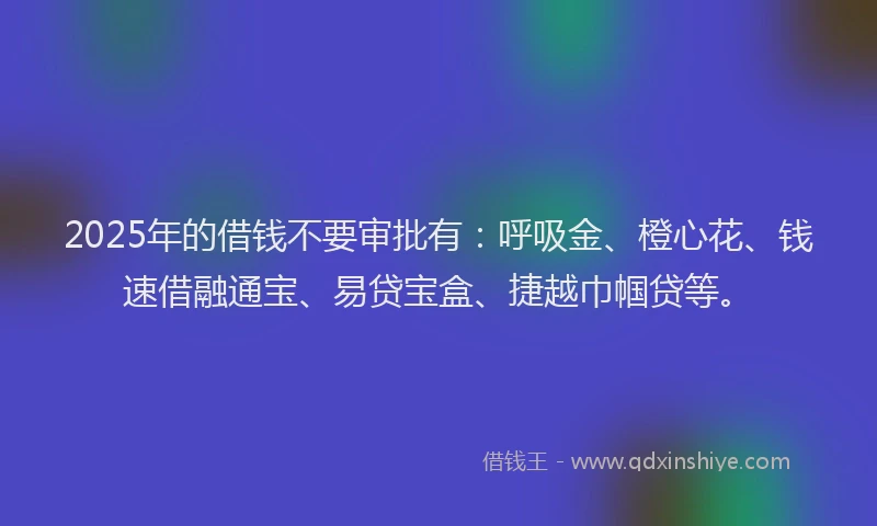 2025年的借钱不要审批有：呼吸金、橙心花、钱速借融通宝、易贷宝盒、捷越巾帼贷等。