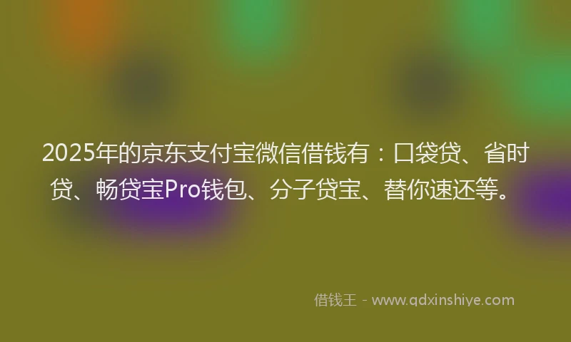 2025年的京东支付宝微信借钱有：口袋贷、省时贷、畅贷宝Pro钱包、分子贷宝、替你速还等。