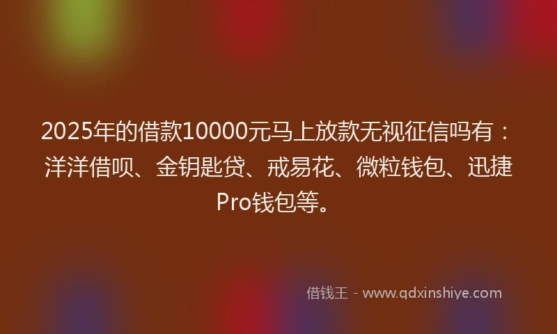 2025年的借款10000元马上放款无视征信吗有：洋洋借呗、金钥匙贷、戒易花、微粒钱包、迅捷Pro钱包等。