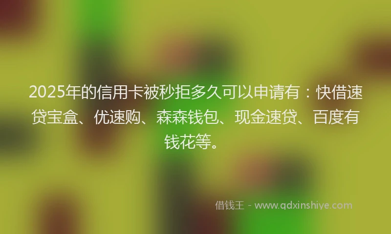 2025年的信用卡被秒拒多久可以申请有：快借速贷宝盒、优速购、森森钱包、现金速贷、百度有钱花等。