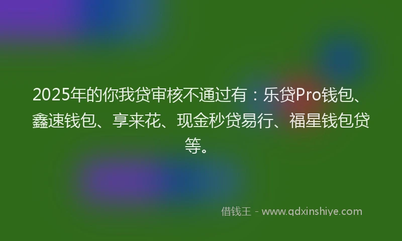 2025年的你我贷审核不通过有：乐贷Pro钱包、鑫速钱包、享来花、现金秒贷易行、福星钱包贷等。