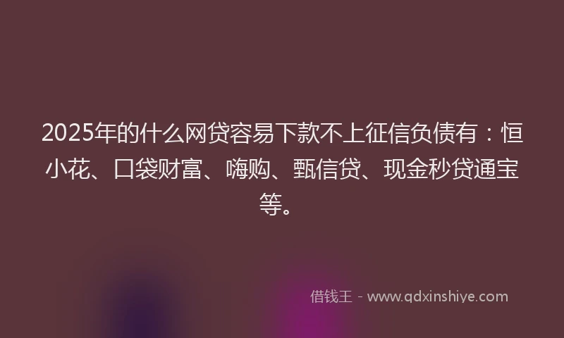 2025年的什么网贷容易下款不上征信负债有：恒小花、口袋财富、嗨购、甄信贷、现金秒贷通宝等。