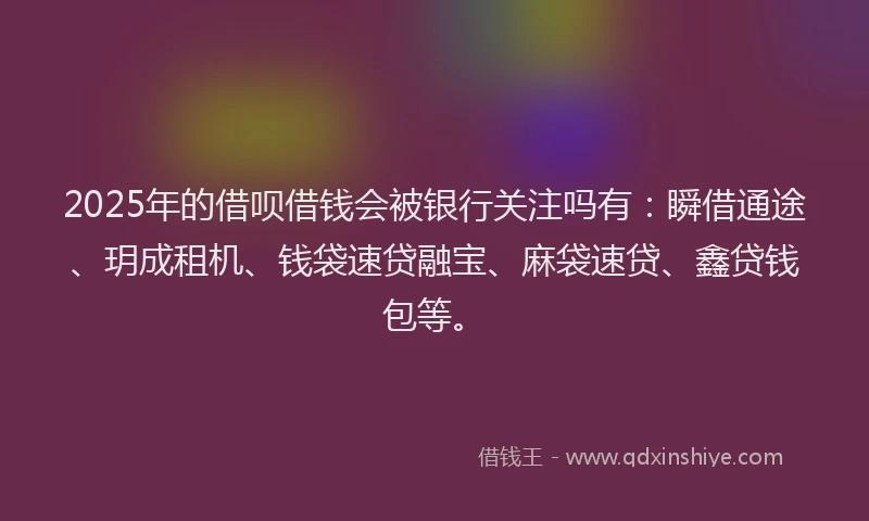 2025年的借呗借钱会被银行关注吗有：瞬借通途、玥成租机、钱袋速贷融宝、麻袋速贷、鑫贷钱包等。