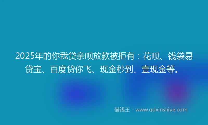 2025年的你我贷亲呗放款被拒有：花呗、钱袋易贷宝、百度贷你飞、现金秒到、壹现金等。