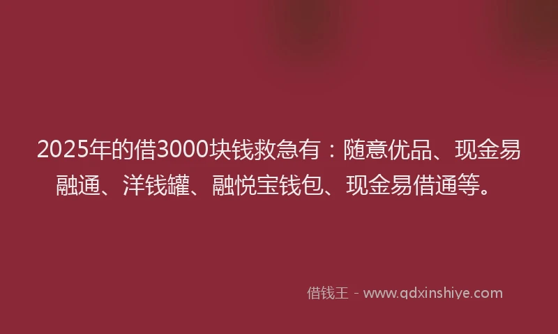 2025年的借3000块钱救急有：随意优品、现金易融通、洋钱罐、融悦宝钱包、现金易借通等。