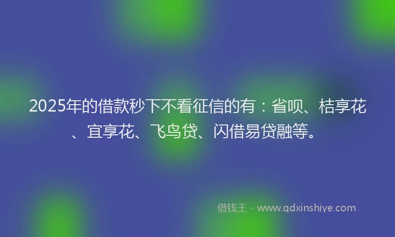 2025年的借款秒下不看征信的有：省呗、桔享花、宜享花、飞鸟贷、闪借易贷融等。