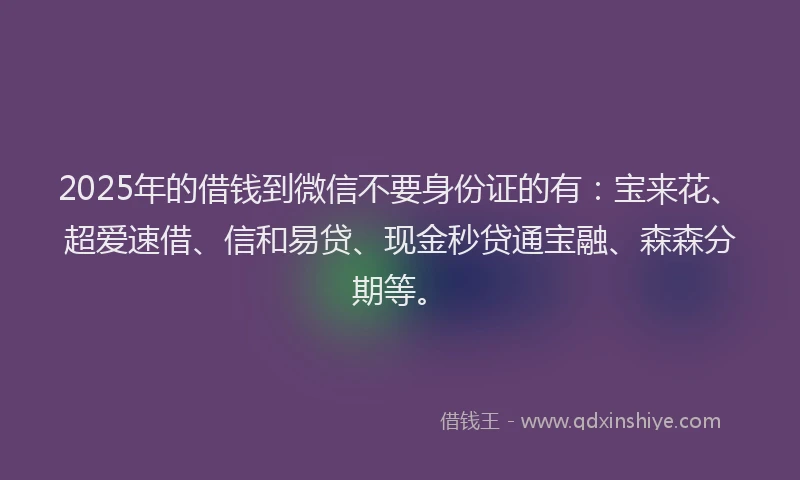 2025年的借钱到微信不要身份证的有：宝来花、超爱速借、信和易贷、现金秒贷通宝融、森森分期等。