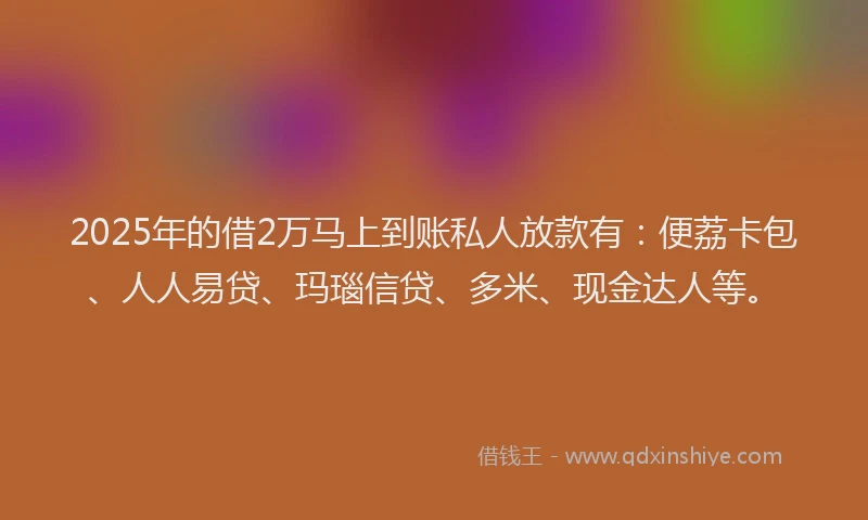 2025年的借2万马上到账私人放款有：便荔卡包、人人易贷、玛瑙信贷、多米、现金达人等。