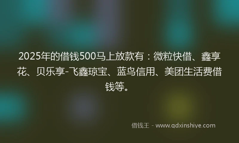 2025年的借钱500马上放款有：微粒快借、鑫享花、贝乐享-飞鑫琼宝、蓝鸟信用、美团生活费借钱等。