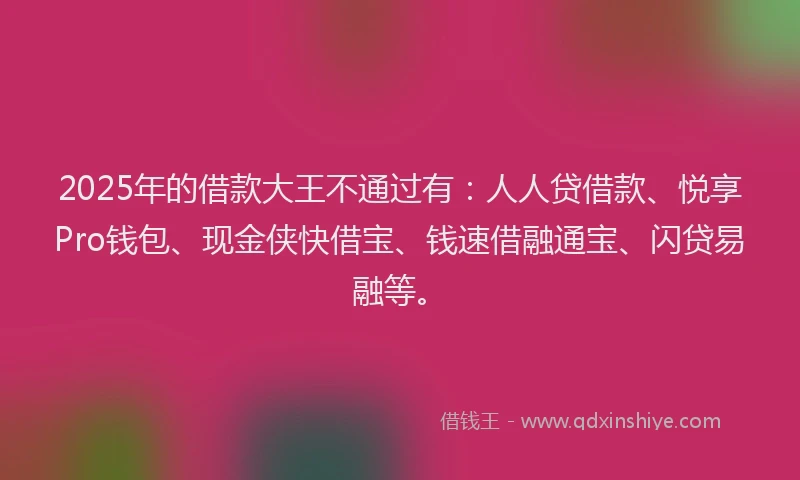 2025年的借款大王不通过有：人人贷借款、悦享Pro钱包、现金侠快借宝、钱速借融通宝、闪贷易融等。