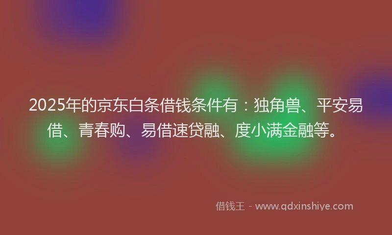 2025年的京东白条借钱条件有：独角兽、平安易借、青春购、易借速贷融、度小满金融等。