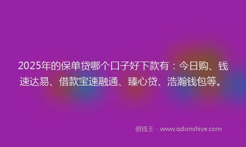 2025年的保单贷哪个口子好下款有：今日购、钱速达易、借款宝速融通、臻心贷、浩瀚钱包等。