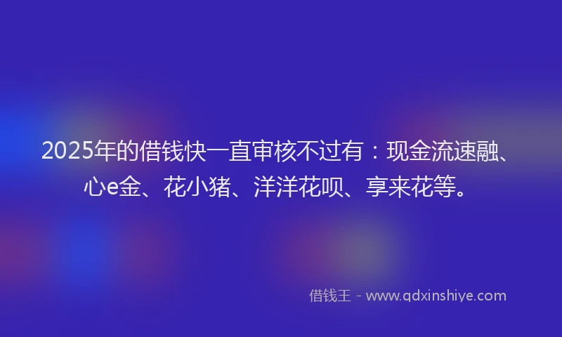 2025年的借钱快一直审核不过有：现金流速融、心e金、花小猪、洋洋花呗、享来花等。
