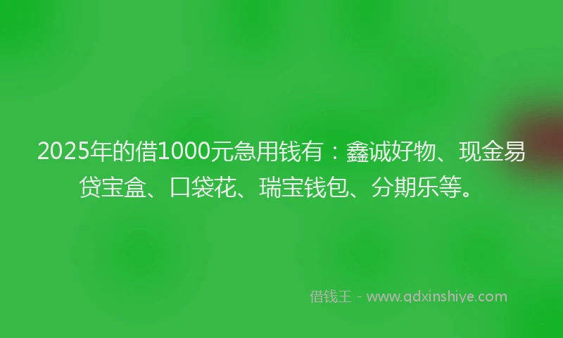 2025年的借1000元急用钱有：鑫诚好物、现金易贷宝盒、口袋花、瑞宝钱包、分期乐等。