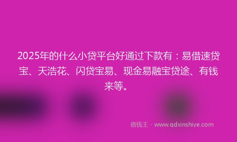 2025年的什么小贷平台好通过下款有：易借速贷宝、天浩花、闪贷宝易、现金易融宝贷途、有钱来等。