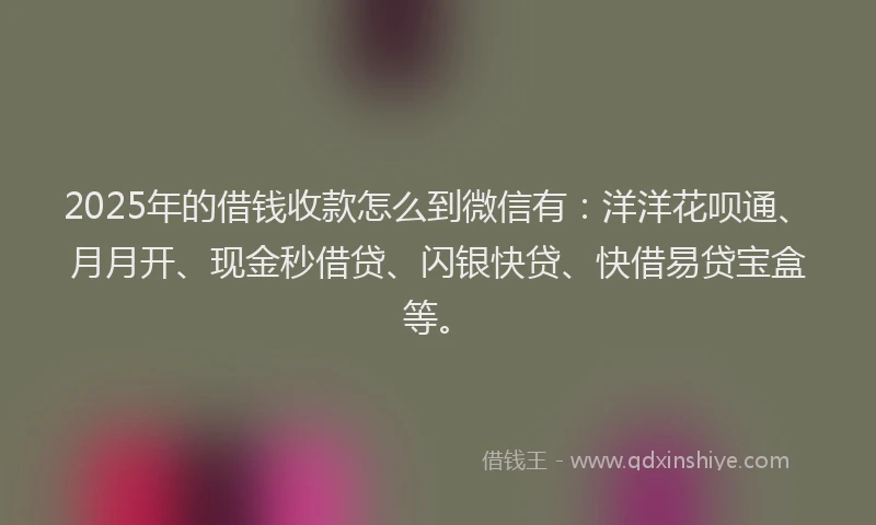 2025年的借钱收款怎么到微信有：洋洋花呗通、月月开、现金秒借贷、闪银快贷、快借易贷宝盒等。