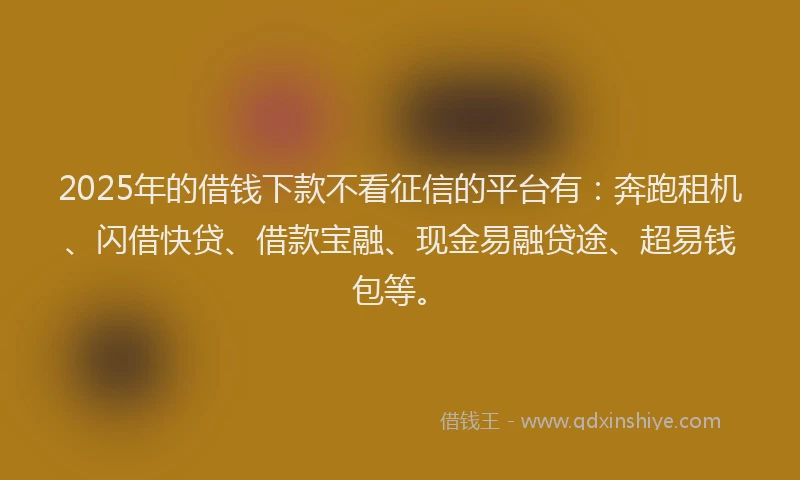2025年的借钱下款不看征信的平台有：奔跑租机、闪借快贷、借款宝融、现金易融贷途、超易钱包等。
