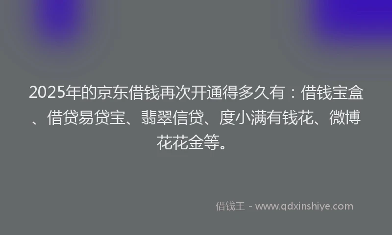 2025年的京东借钱再次开通得多久有：借钱宝盒、借贷易贷宝、翡翠信贷、度小满有钱花、微博花花金等。