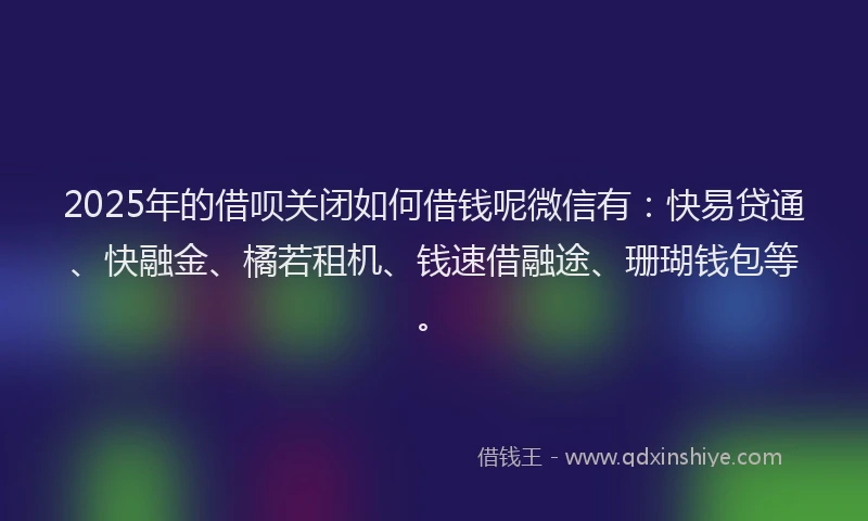 2025年的借呗关闭如何借钱呢微信有：快易贷通、快融金、橘若租机、钱速借融途、珊瑚钱包等。