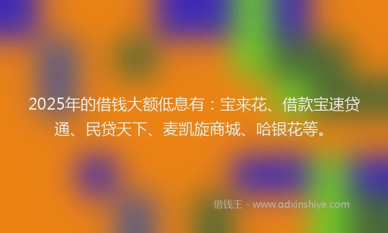 2025年的借钱大额低息有：宝来花、借款宝速贷通、民贷天下、麦凯旋商城、哈银花等。