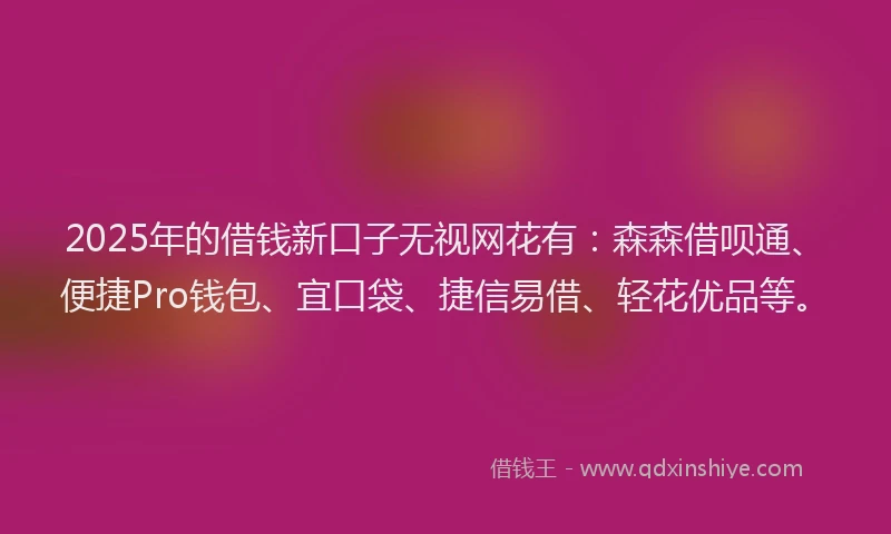 2025年的借钱新口子无视网花有：森森借呗通、便捷Pro钱包、宜口袋、捷信易借、轻花优品等。