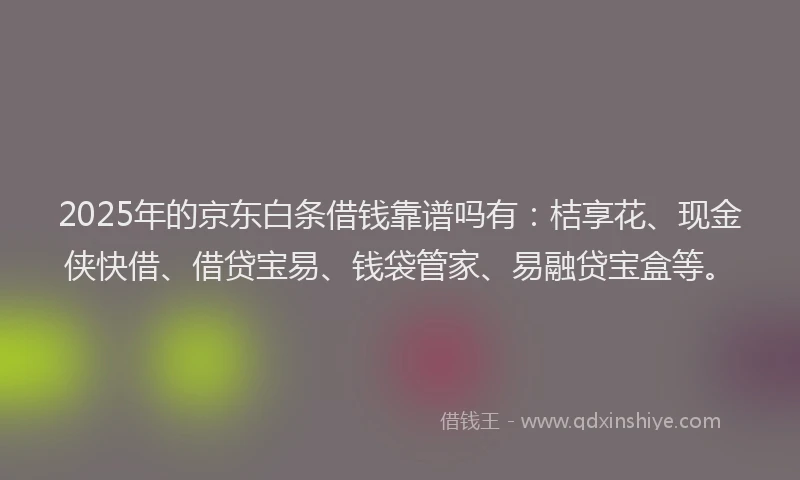 2025年的京东白条借钱靠谱吗有：桔享花、现金侠快借、借贷宝易、钱袋管家、易融贷宝盒等。