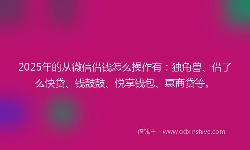 2025年的从微信借钱怎么操作有：独角兽、借了么快贷、钱鼓鼓、悦享钱包、惠商贷等。