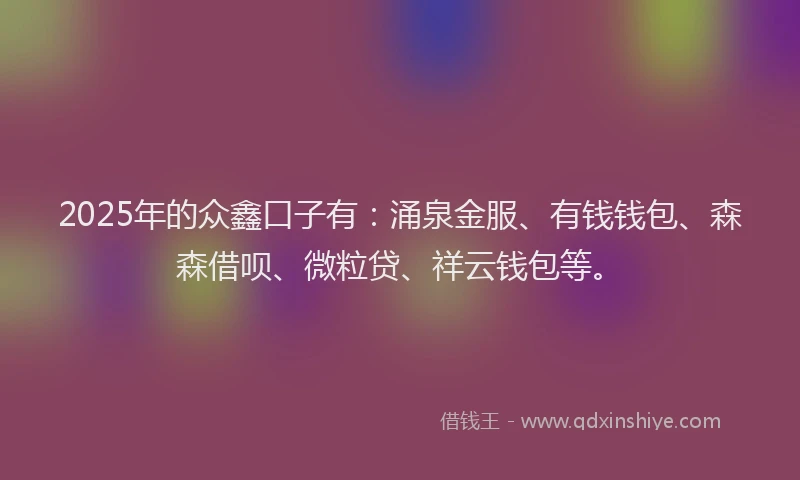 2025年的众鑫口子有：涌泉金服、有钱钱包、森森借呗、微粒贷、祥云钱包等。