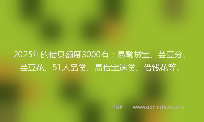 2025年的借贝额度3000有：易融贷宝、芸豆分、芸豆花、51人品贷、易借宝速贷、借钱花等。
