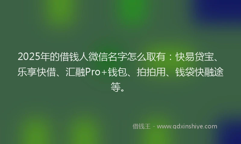 2025年的借钱人微信名字怎么取有：快易贷宝、乐享快借、汇融Pro+钱包、拍拍用、钱袋快融途等。