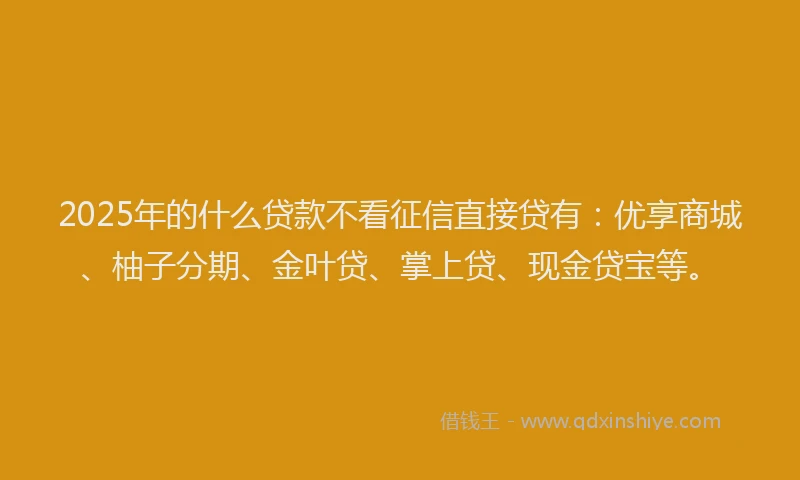 2025年的什么贷款不看征信直接贷有：优享商城、柚子分期、金叶贷、掌上贷、现金贷宝等。