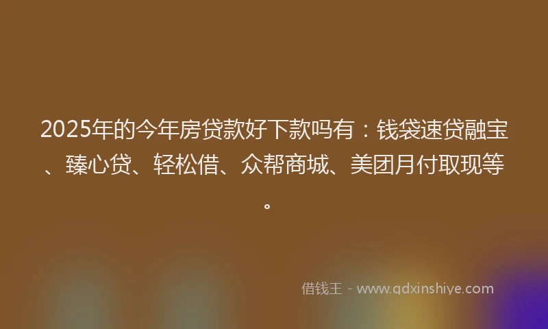 2025年的今年房贷款好下款吗有：钱袋速贷融宝、臻心贷、轻松借、众帮商城、美团月付取现等。