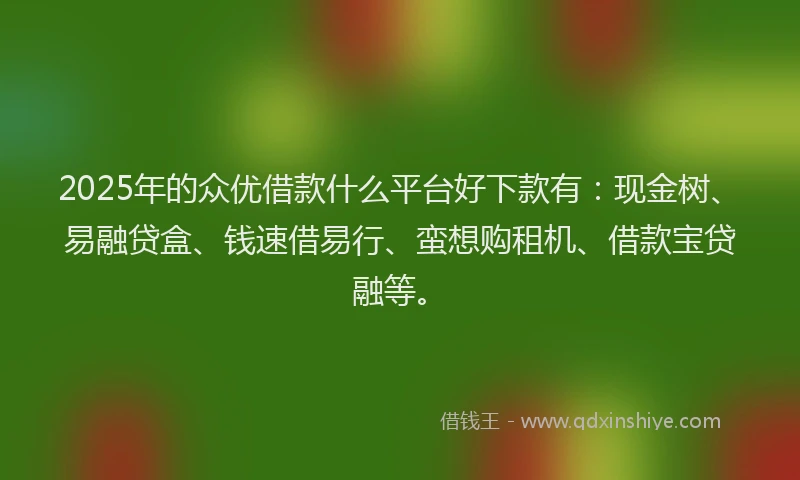 2025年的众优借款什么平台好下款有：现金树、易融贷盒、钱速借易行、蛮想购租机、借款宝贷融等。